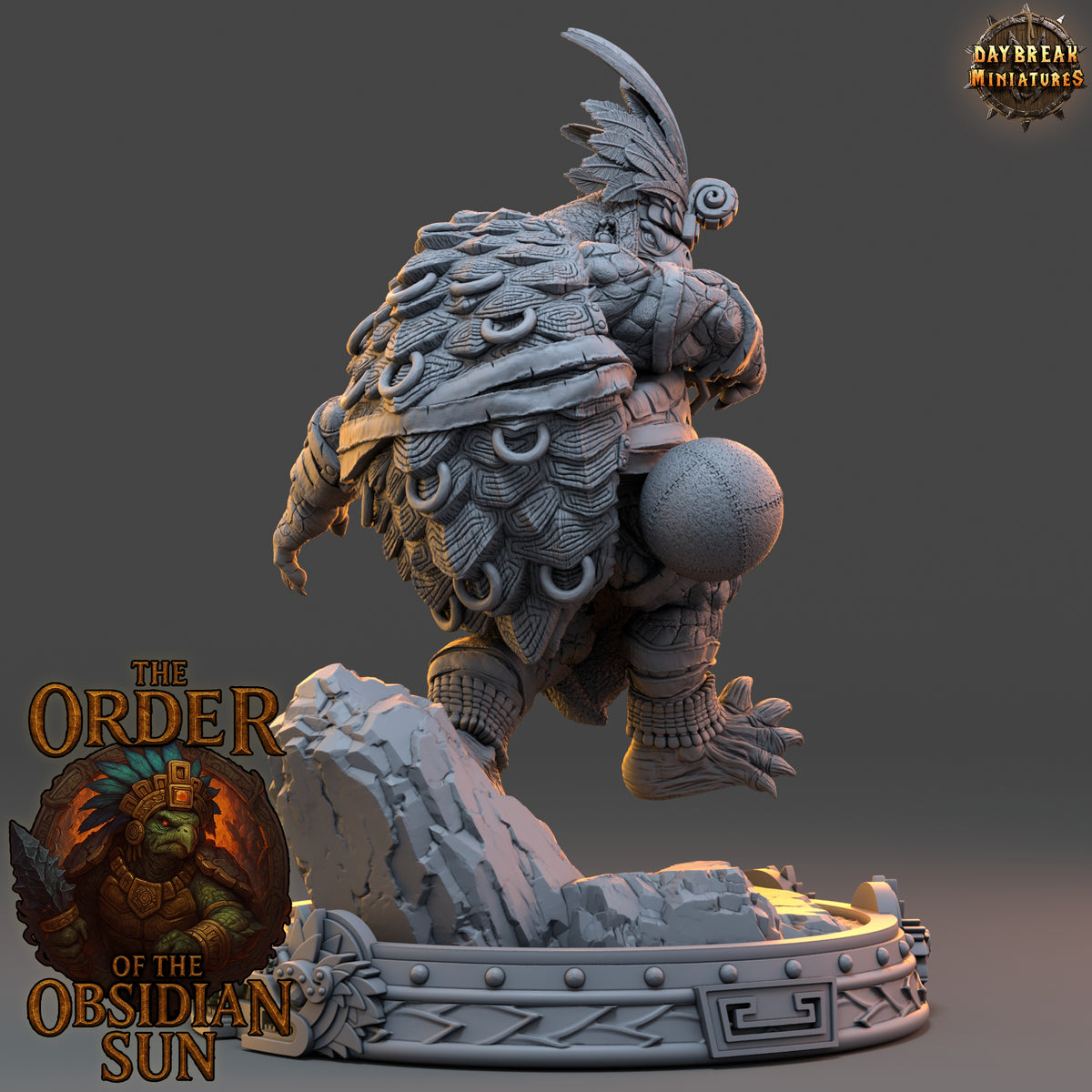 Rear view of Mazotl Stonehide Tortle Barbarian showing his broad shell and rugged equipment.