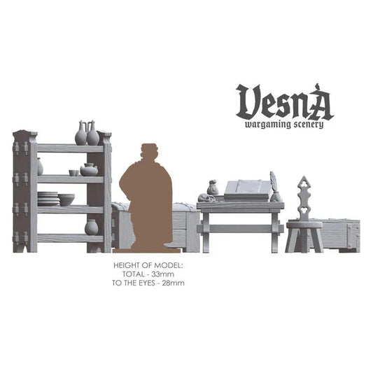 Scale comparison diagram showing medieval resin camp furniture pieces next to a human silhouette for 28mm and 32mm wargaming reference.