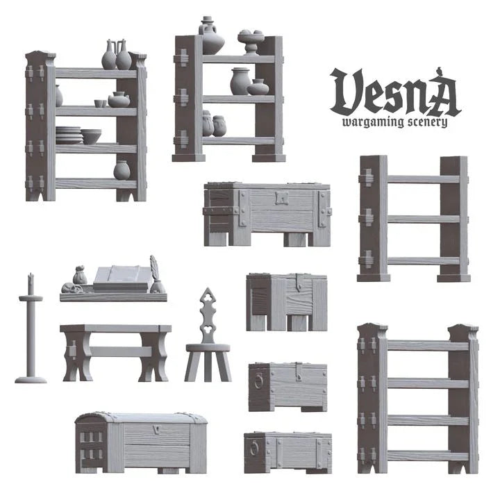 Diagram showing 13 individual pieces of medieval camp furniture resin scatter terrain including shelves with jars, writing desk, chests, benches, and lamp stand.