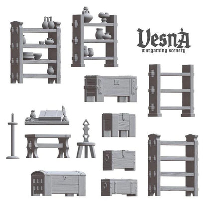 Diagram showing 13 individual pieces of medieval camp furniture resin scatter terrain including shelves with jars, writing desk, chests, benches, and lamp stand.