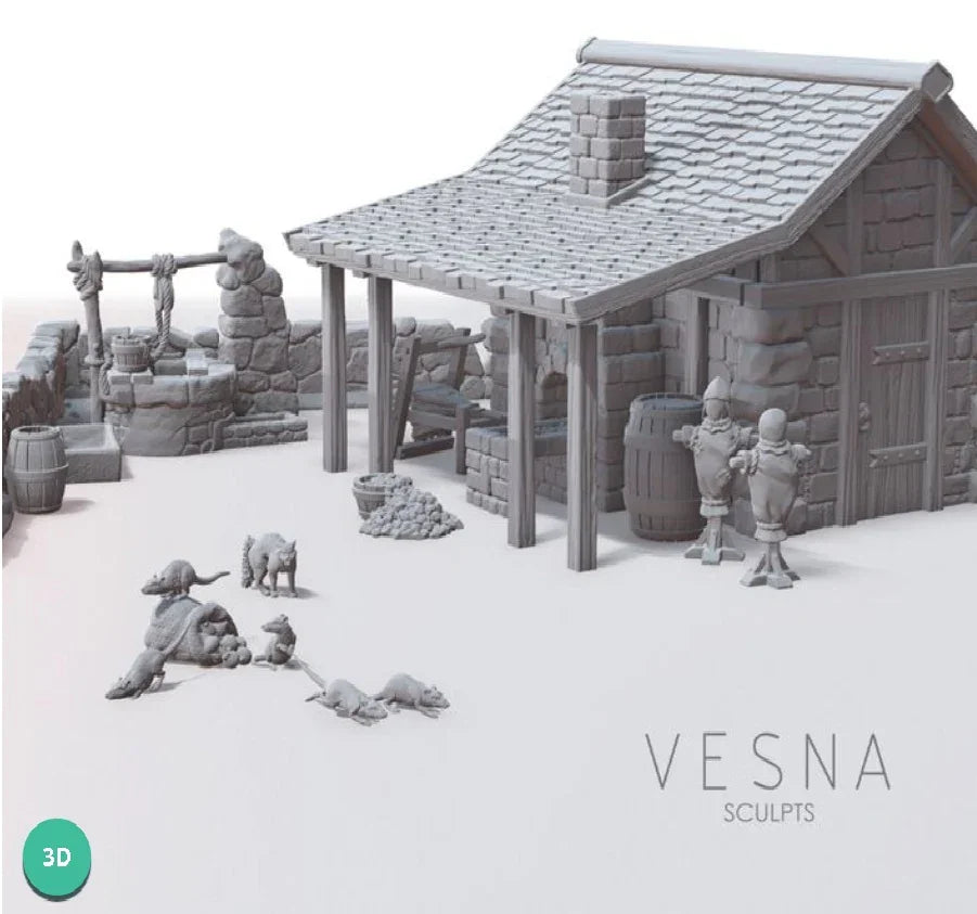 Perspective view of assembled medieval homestead scatter resin terrain set showing a stone cottage, outdoor well, training dummies, barrels, and rats.