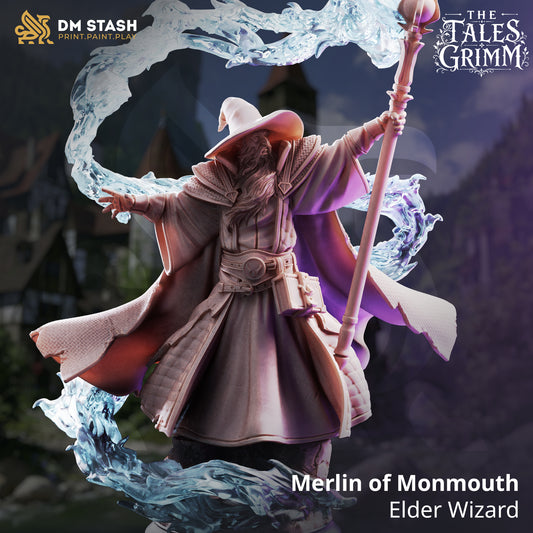 Merlin of Monmouth Elder Human Wizard resin miniature by DM Stash holding a magic staff with swirling spell effect.