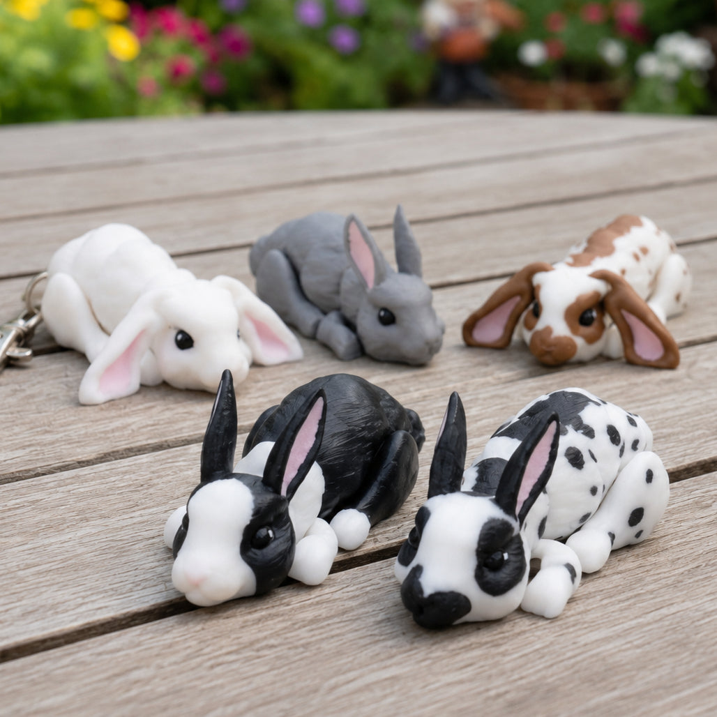 Five 3D printed mini bunny figurines in white, gray, brown-spotted, black and white Dutch, and black and white spotted patterns posed on a wooden surface with a garden background