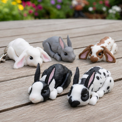 Five 3D printed mini bunny figurines in white, gray, brown-spotted, black and white Dutch, and black and white spotted patterns posed on a wooden surface with a garden background