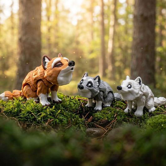 Tan howling wolf and smaller gray and white smiling wolf articulated toys on moss with a forest background.