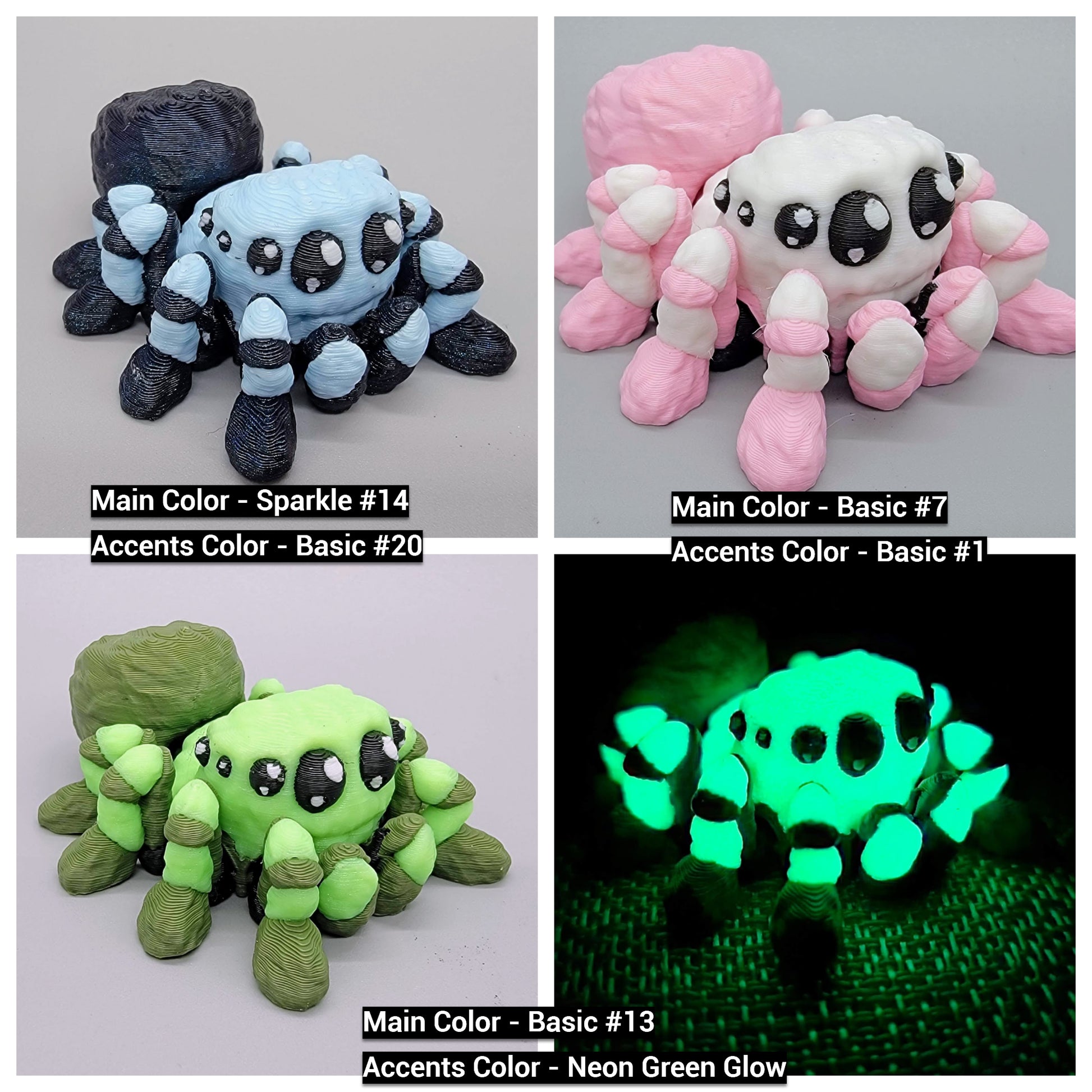 Four spider-shaped toys with different color schemes on a gray background.