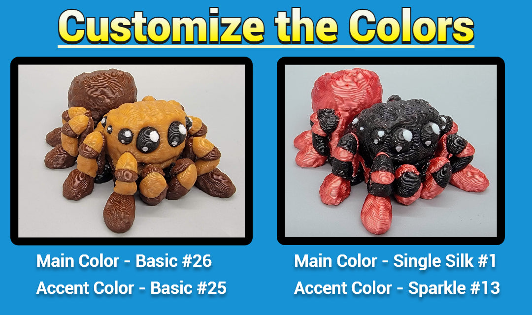 Two spider-shaped toys with customizable color options on a blue background.