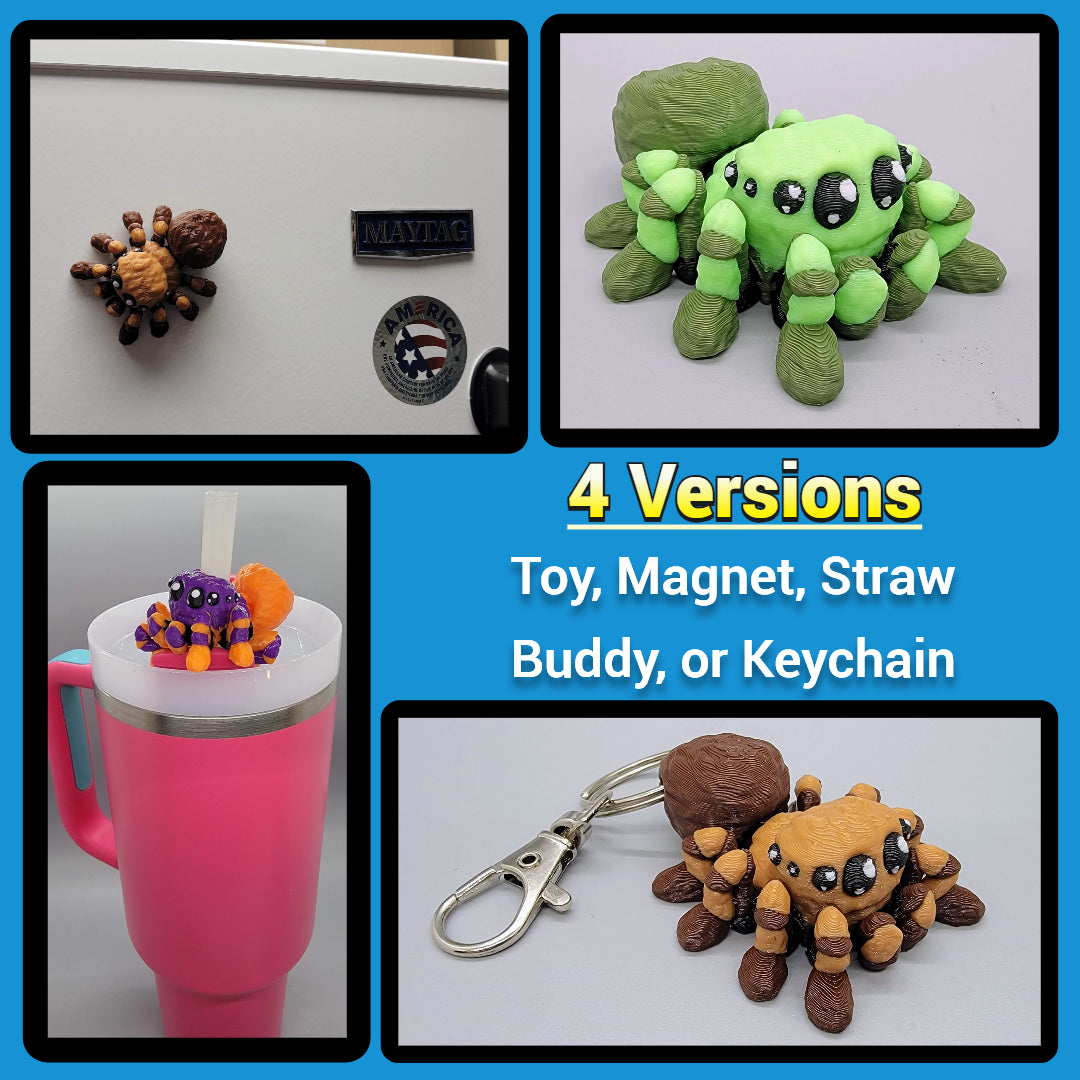 Collage of spider-themed products including a toy, magnet, straw buddy, and keychain on a blue background.