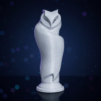 Minim Owl Statue — 3D printed geometric minimalist owl sculpture on dark blue bokeh background