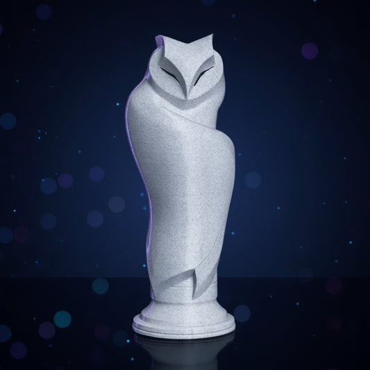 Minim Owl Statue — 3D printed geometric minimalist owl sculpture on dark blue bokeh background