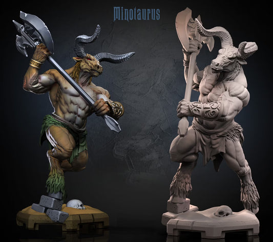 Minotaurus shown in colored and unpainted views wielding a massive double-bladed greataxe.