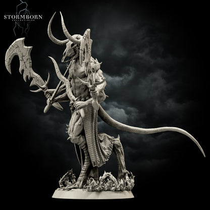 Side profile render of Moloch showing the forward stance, the curve of his massive skull horns, and the sweeping motion of his long tail.