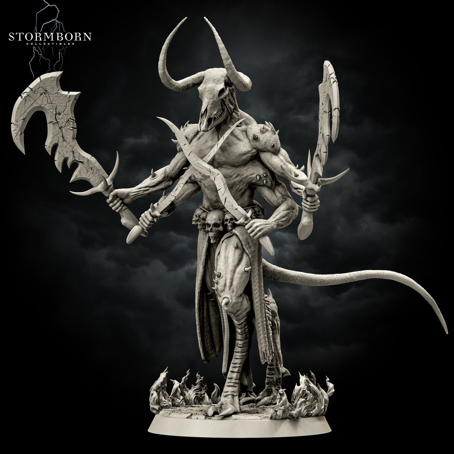 Front-left three-quarters render of the unpainted Moloch model highlighting the jagged teeth-like details on his dual large swords.