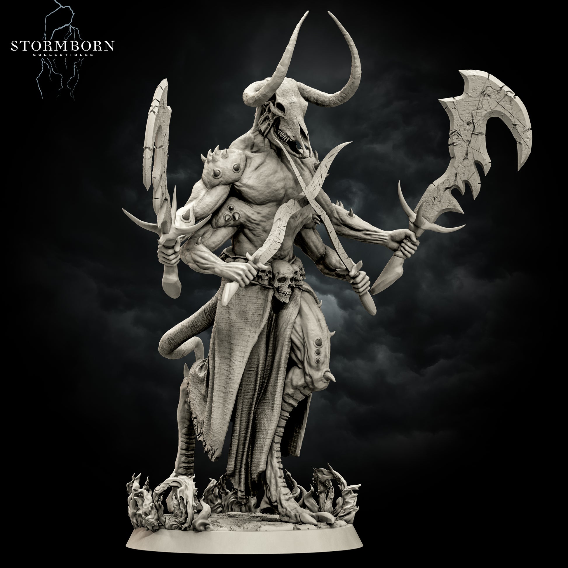 Front-right three-quarters render of the unpainted Moloch model highlighting his muscular, scale-textured legs and hooved feet.