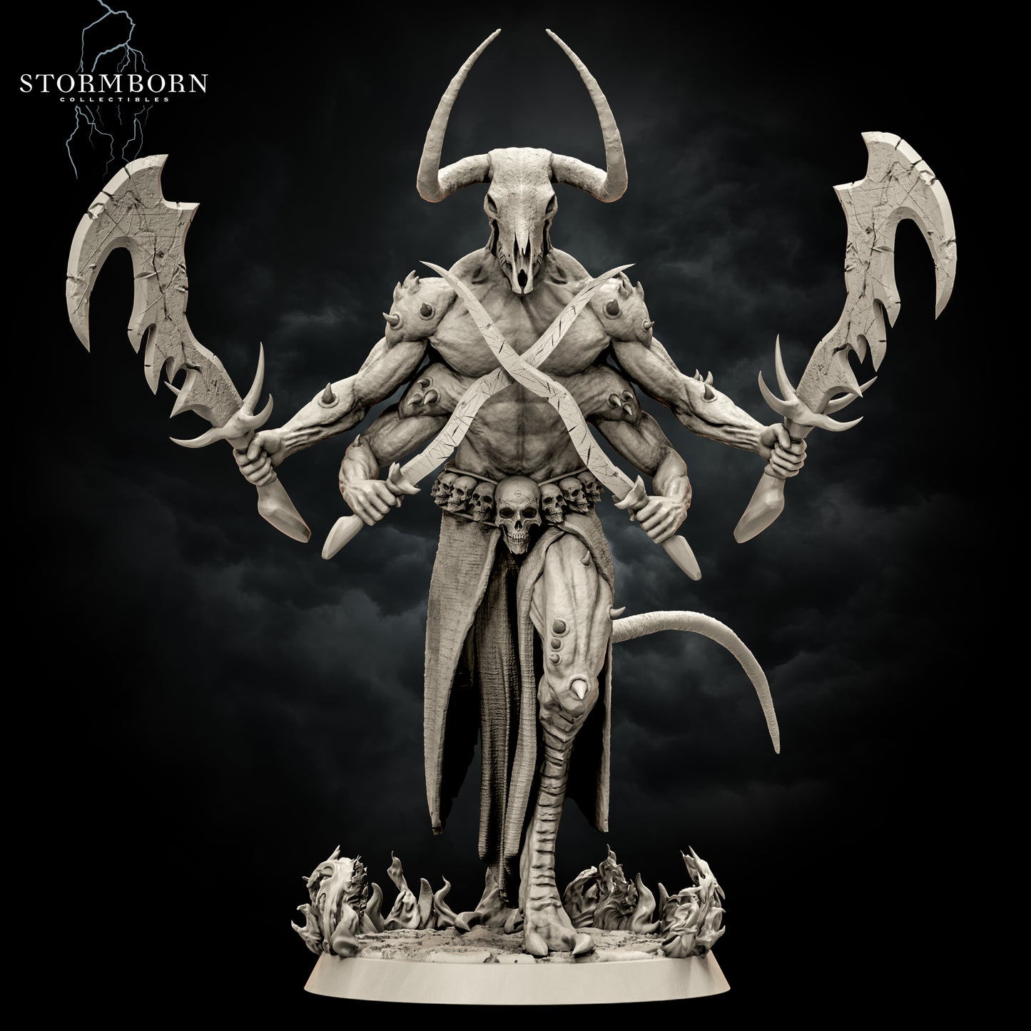 Front view of the raw resin render of Moloch miniature held in hand, highlighting his four arms holding dual giant cleavers and crossed daggers.