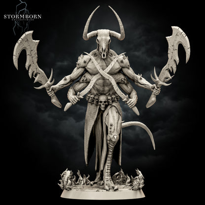 Front view of the raw resin render of Moloch miniature held in hand, highlighting his four arms holding dual giant cleavers and crossed daggers.
