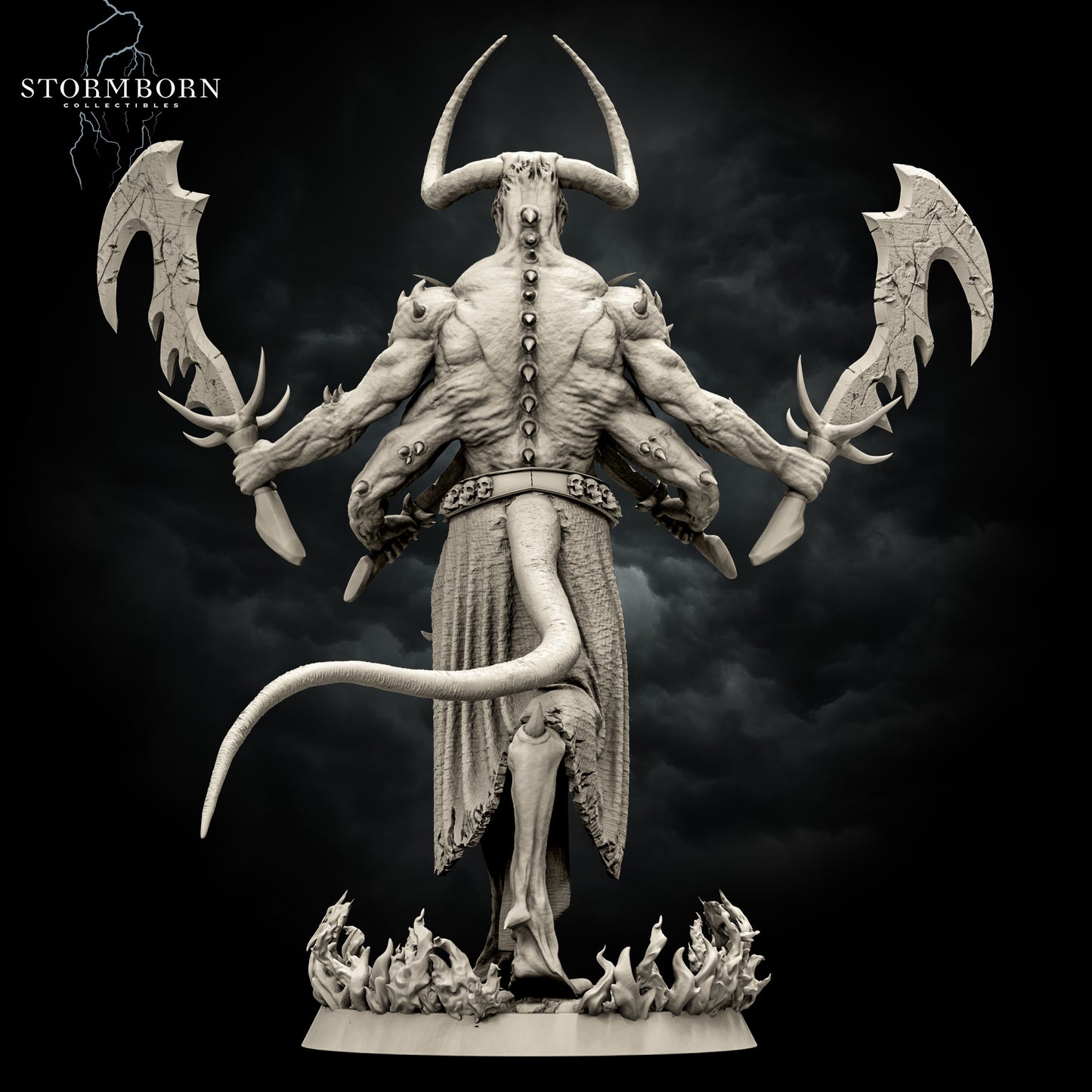 Rear-view render of the unpainted gray resin Moloch miniature showcasing muscle anatomy, skull belt, and long tail.