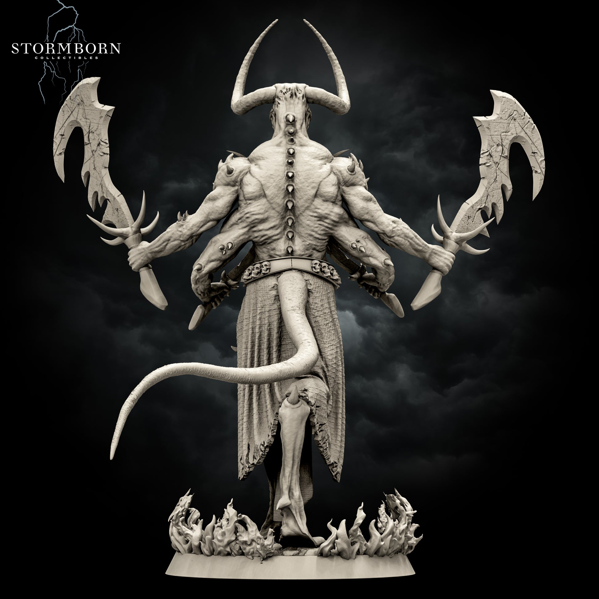 Rear-view render of the unpainted gray resin Moloch miniature showcasing muscle anatomy, skull belt, and long tail.