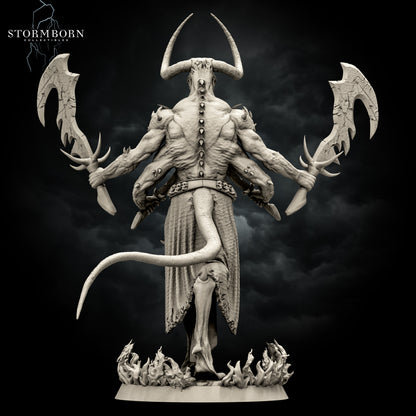 Rear-view render of the unpainted gray resin Moloch miniature showcasing muscle anatomy, skull belt, and long tail.