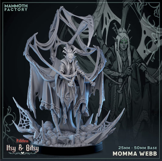 Momma Webb Medium Humanoid Webling miniature with spider limbs, webbing, flowing robes, and a forest-themed base.