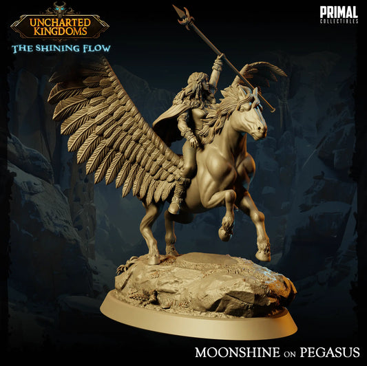Front perspective render of Moonshine on Pegasus female warrior holding a spear high on a winged steed by Primal Collectibles.
