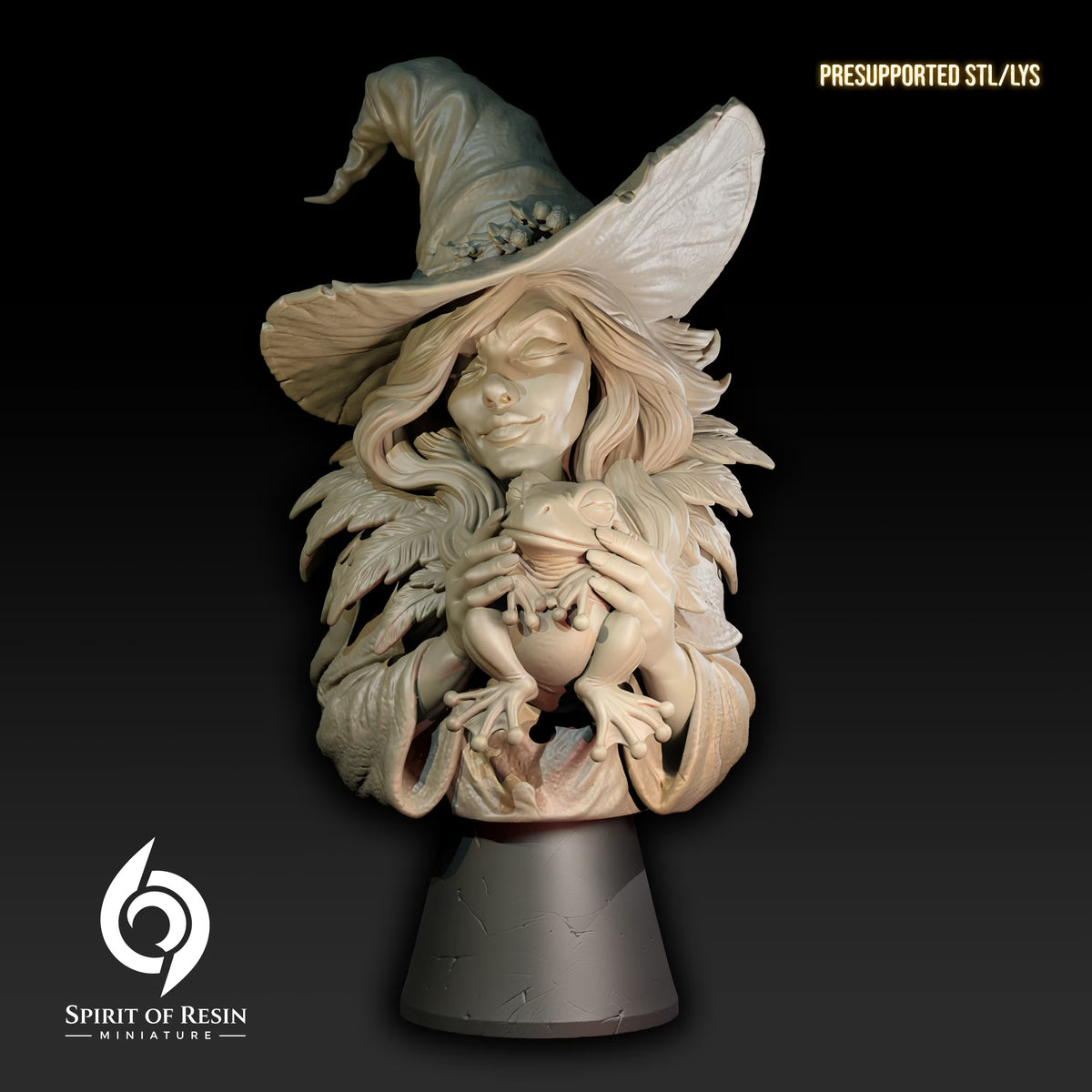 Morghet and Sir Croak 130mm witch resin bust with pointed hat, frog companion, and feathered cloak