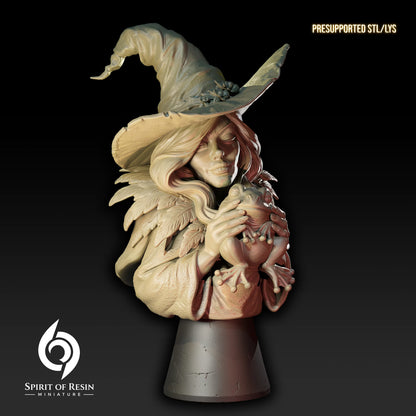 Three-quarter view of Morghet and Sir Croak fantasy witch bust by Spirit of Resin Miniatures