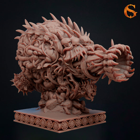 Morloch display bust featuring a spike-covered parasitic body, embedded skulls, tentacles, multiple maws, and a decorated square pedestal