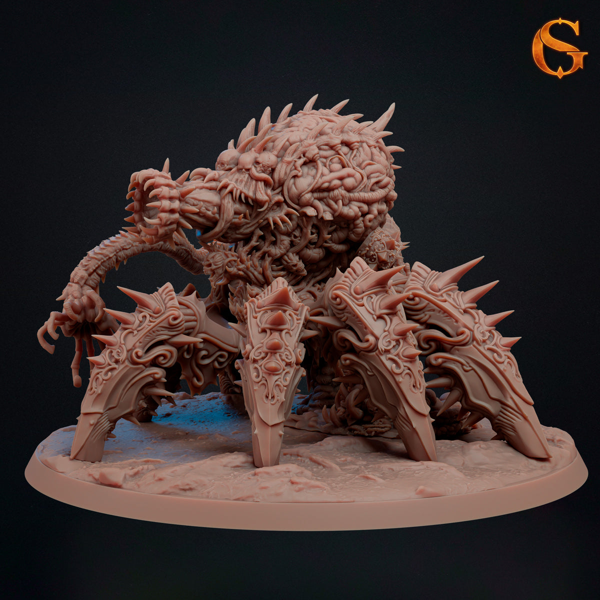 Front three-quarter view of Morloch with six armored crawler legs, a swollen spiked body, skull-covered flesh, tentacles, and clawed appendages