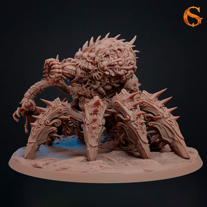 Front three-quarter view of Morloch with six armored crawler legs, a swollen spiked body, skull-covered flesh, tentacles, and clawed appendages