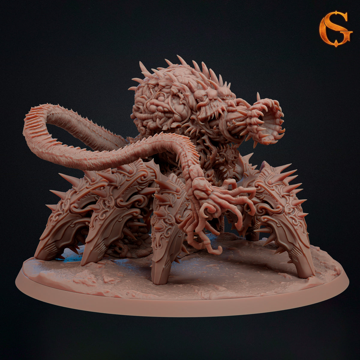 Three-quarter view of Morloch showing two long tentacle arms, a clawed hand, multiple maws, exposed organic tissue, and ornate leg armor