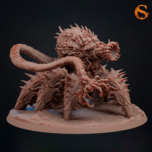 Three-quarter view of Morloch showing two long tentacle arms, a clawed hand, multiple maws, exposed organic tissue, and ornate leg armor