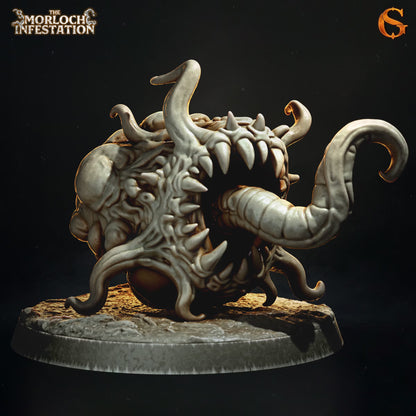 Morloch Larval Swarm resin miniature featuring a tooth-filled mouth, curling tentacles, and extended parasitic proboscis.