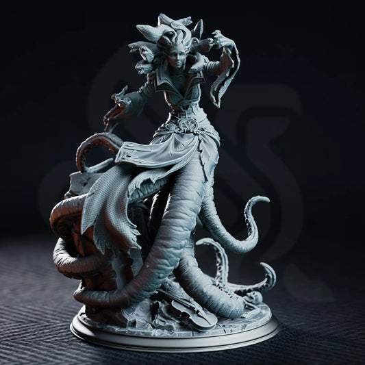 Front view of Morrigan with an eel-covered head, flowing garments, and multiple tentacles surrounding the base.