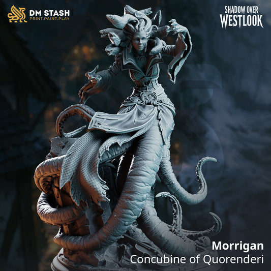 Morrigan Large Aberration with eel-like heads, ceremonial clothing, and multiple large tentacles.