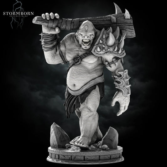 Front view of the Mountain Troll resin miniature carrying a spiked club over its shoulder by Stormborn Collectibles.
