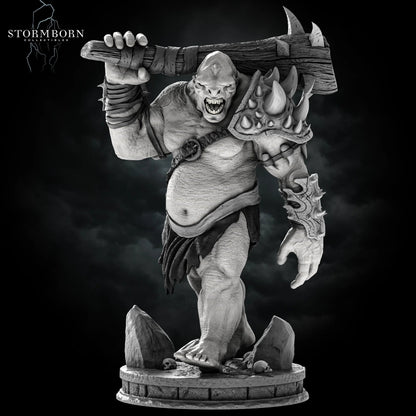 Full frontal hero pose of the Huge Mountain Troll miniature standing on a 65mm scenic base by Stormborn Collectibles.