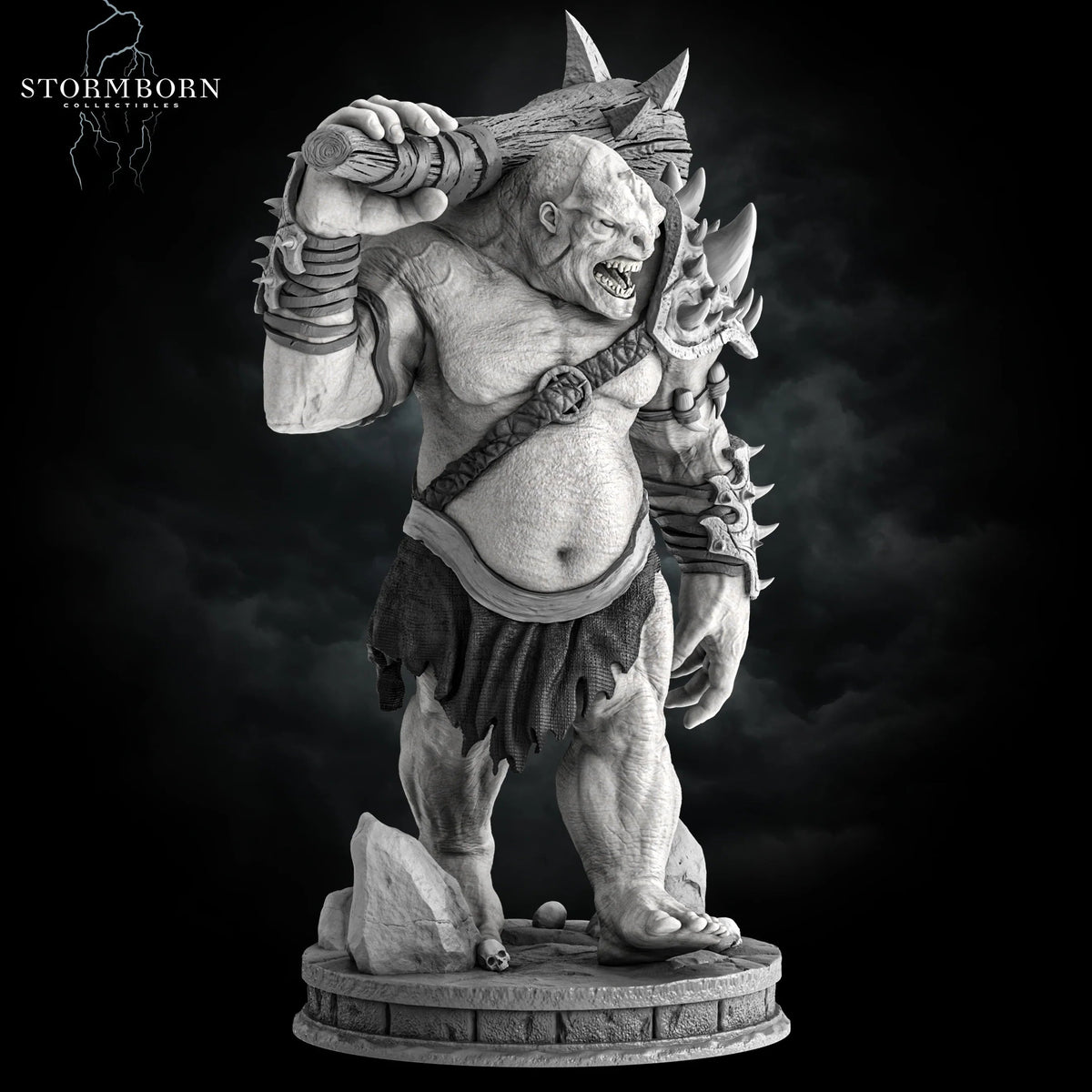 Three-quarter angle showing the muscular frame and spiked armor of the Mountain Troll miniature by Stormborn Collectibles.