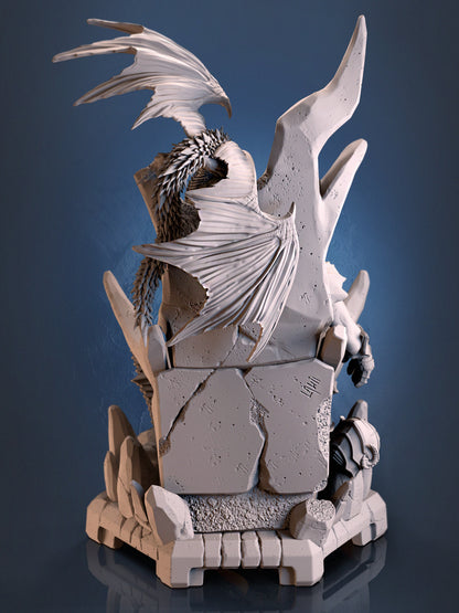 Mowts Tamashii Clan Leader resin miniature seated on a stone throne with drake companion – available in 32mm and 75mm scales from D&K Custom Prints.