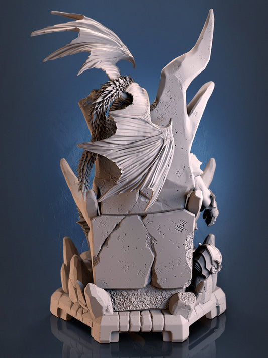 Mowts Tamashii Clan Leader resin miniature seated on a stone throne with drake companion – available in 32mm and 75mm scales from D&K Custom Prints.