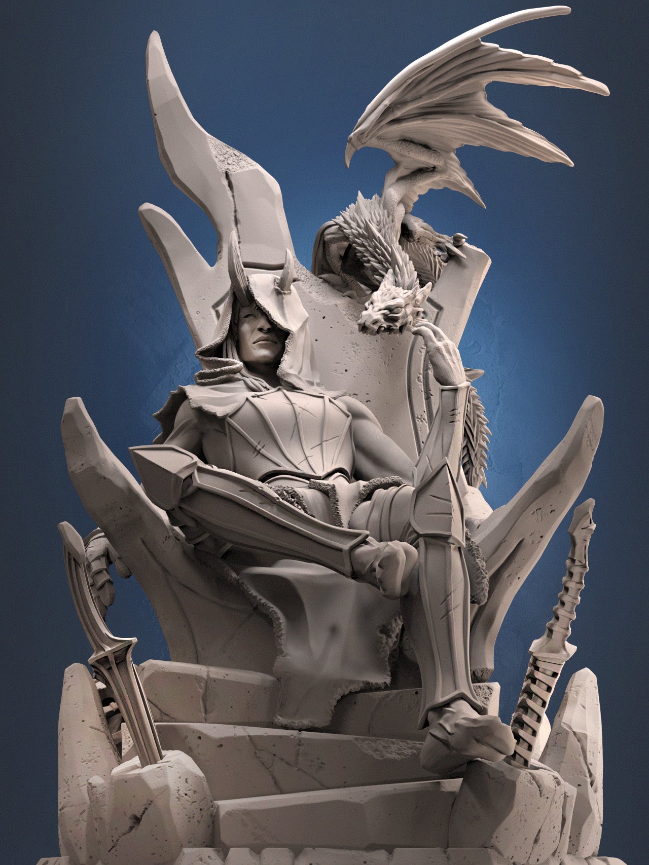 Mowts Tamashii Clan Leader resin miniature seated on a stone throne with drake companion – available in 32mm and 75mm scales from D&K Custom Prints.