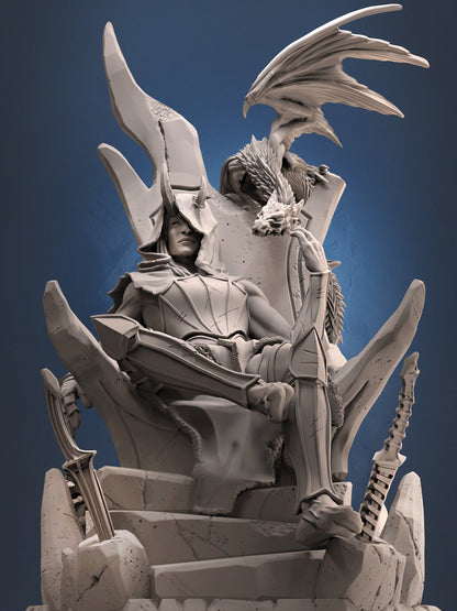 Mowts Tamashii Clan Leader resin miniature seated on a stone throne with drake companion – available in 32mm and 75mm scales from D&K Custom Prints.