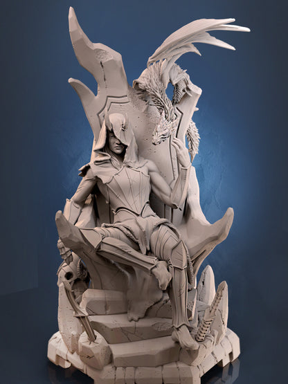 Mowts Tamashii Clan Leader resin miniature seated on a stone throne with drake companion – available in 32mm and 75mm scales from D&K Custom Prints.