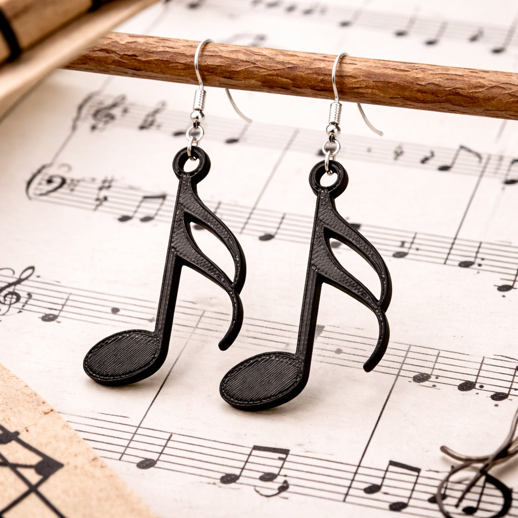 Black music note earrings on a piece of sheet music, unique teacher earrings for music lovers.