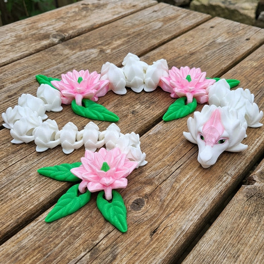 Articulated Serenity Lotus Dragon in white, pink, and green by MysticSaige