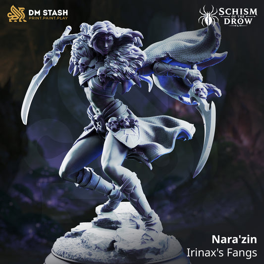 Nara’zin Drow rogue miniature running with two curved blades, a skull-covered fur mantle, flowing cloak, and rocky base