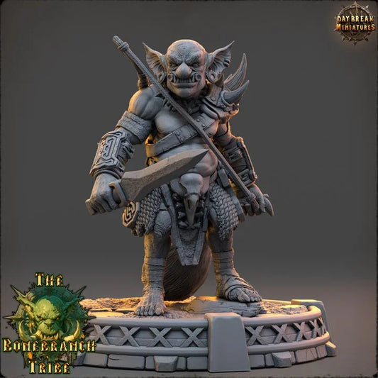Narkz the Hollow Goblin Ranger holding a bow and one-handed sword while wearing layered light armor.