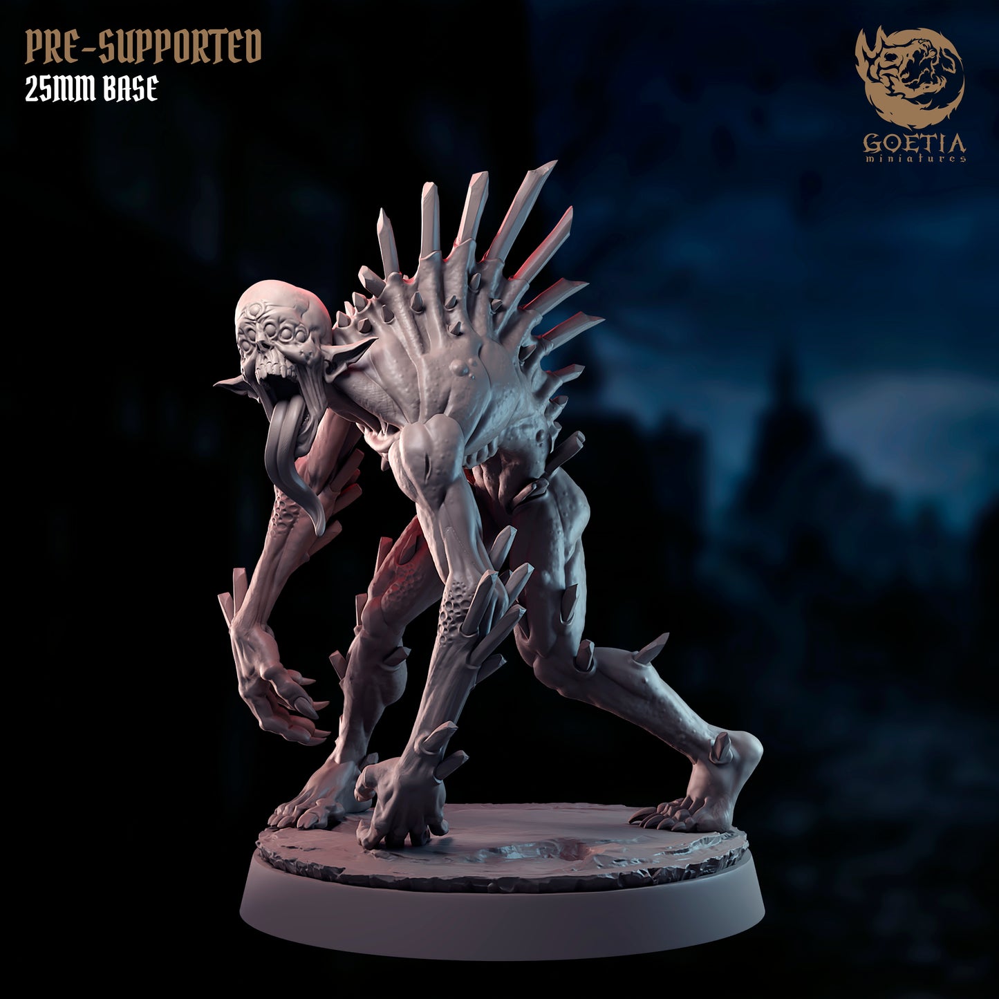 Crawling aberration miniature from Nausea set by Goetia, 25mm resin TTRPG horror creature with spikes and open maw.