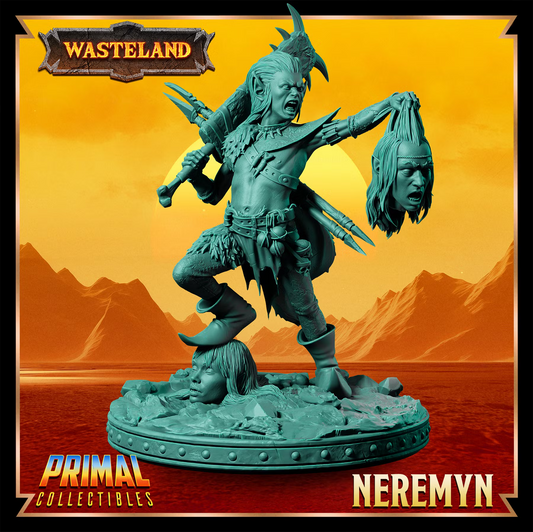 Side view of Neremyn the Halfling with a large two-handed axe, trophy, and weapons across his back.