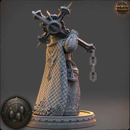 Neriah Ashbourne armored Human Cleric miniature carrying religious texts, chains, and elaborate sacred equipment.
